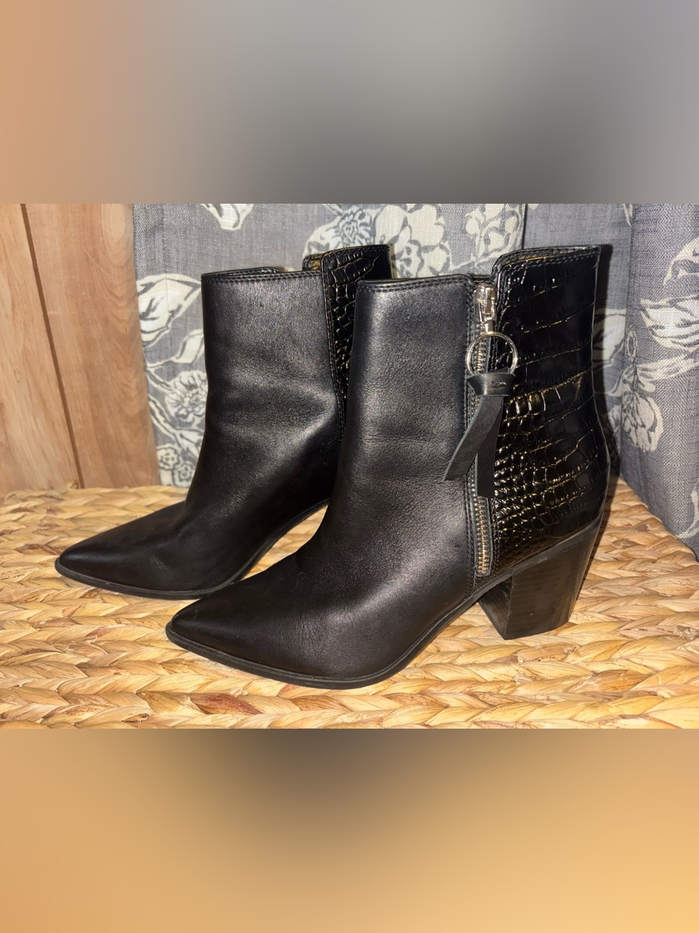 Aldo Black Pointed Toe Croc-Trim Ankle Booties
